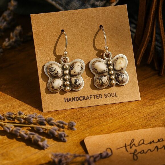 White Buffalo Turquoise Butterfly Earrings – Handcrafted Boho Western Jewelry - Picture 1 of 4